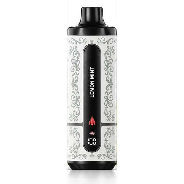 A disposable vape device in the Lemon Mint flavor, featuring a white body with gray ornate scrollwork patterns and black mouthpiece and base. The center has a black panel with the text 'LEMON MINT' and a small red rocket icon above a digital display showing '100'.