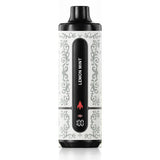 A disposable vape device in the Lemon Mint flavor, featuring a white body with gray ornate scrollwork patterns and black mouthpiece and base. The center has a black panel with the text 'LEMON MINT' and a small red rocket icon above a digital display showing '100'.