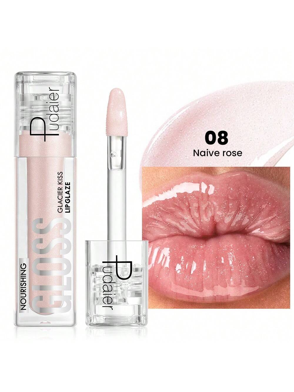 Lip gloss with applicator and color swatch on lips, brand 'Pudater' visible