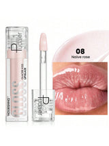 Lip gloss with applicator and color swatch on lips, brand 'Pudater' visible