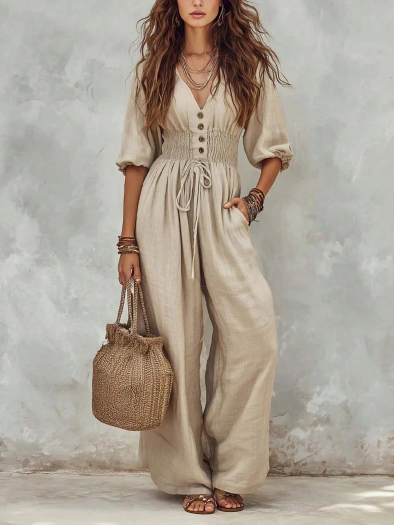 A woman models a beige linen jumpsuit with a button-up bodice, drawstring waist, and wide legs, holding a woven straw bucket bag against a textured gray wall.
