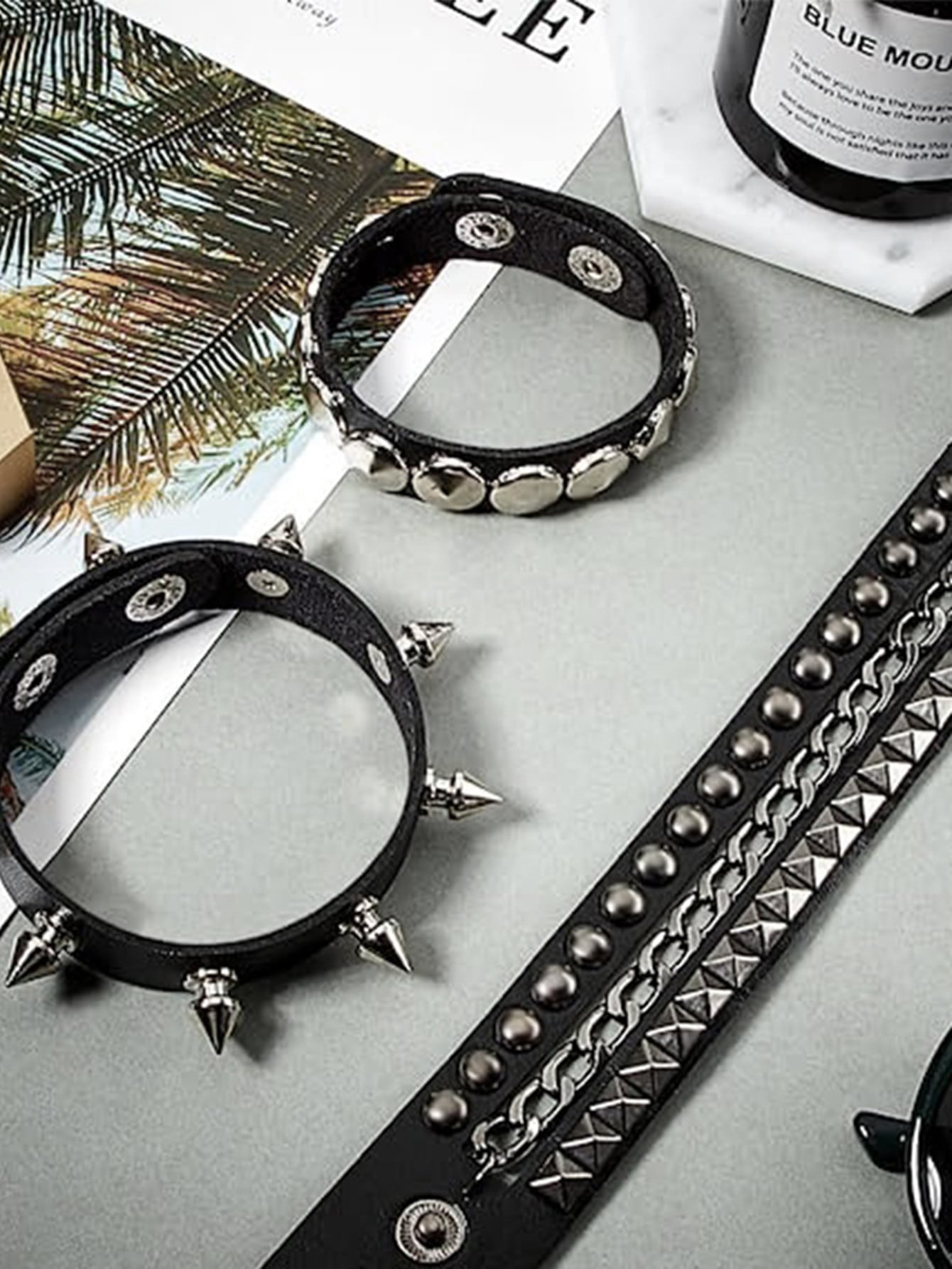SHEIN Punk PU Leather Cuff Bracelet - Goth Wristband with Metal Studded