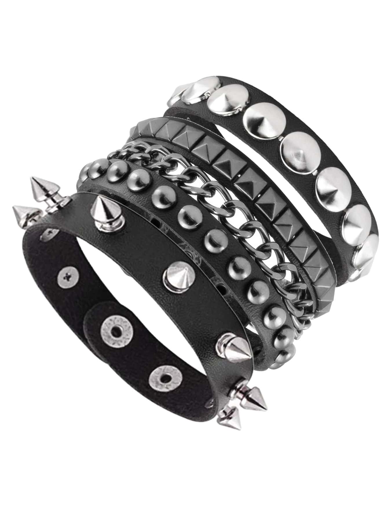 A stack of five black leather bracelets with various silver metal accents, including studs, spikes, chain links, and textured triangles, shown on a plain white background.