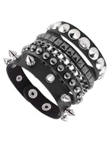 A stack of five black leather bracelets with various silver metal accents, including studs, spikes, chain links, and textured triangles, shown on a plain white background.