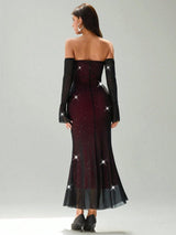 SHEIN Rafferiza Women's Autumn/Winter Off Shoulder Bodycon Ruched Fishtail Metallic Ruffle Sleeve Dress