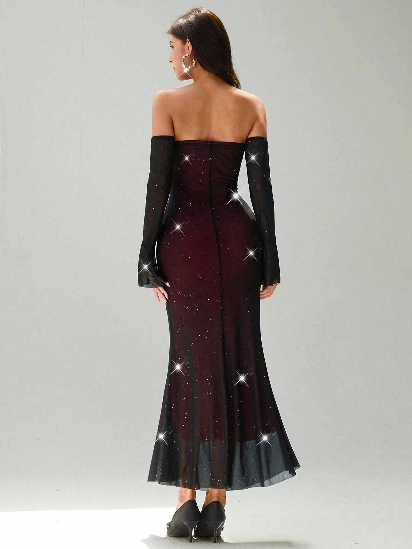 SHEIN Rafferiza Women's Autumn/Winter Off Shoulder Bodycon Ruched Fishtail Metallic Ruffle Sleeve Dress