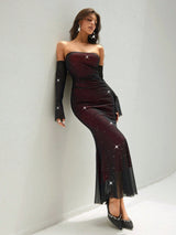 SHEIN Rafferiza Women's Autumn/Winter Off Shoulder Bodycon Ruched Fishtail Metallic Ruffle Sleeve Dress