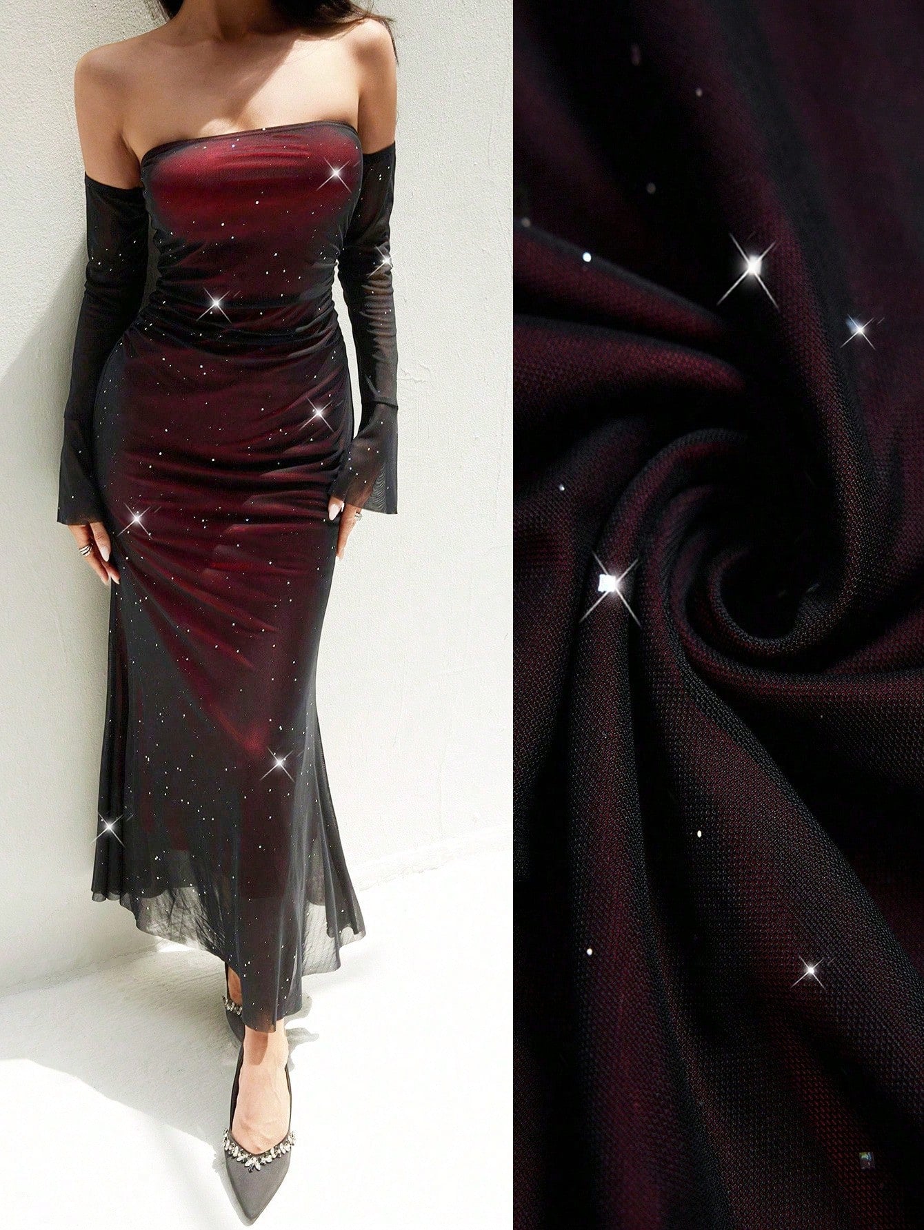 SHEIN Rafferiza Women's Autumn/Winter Off Shoulder Bodycon Ruched Fishtail Metallic Ruffle Sleeve Dress