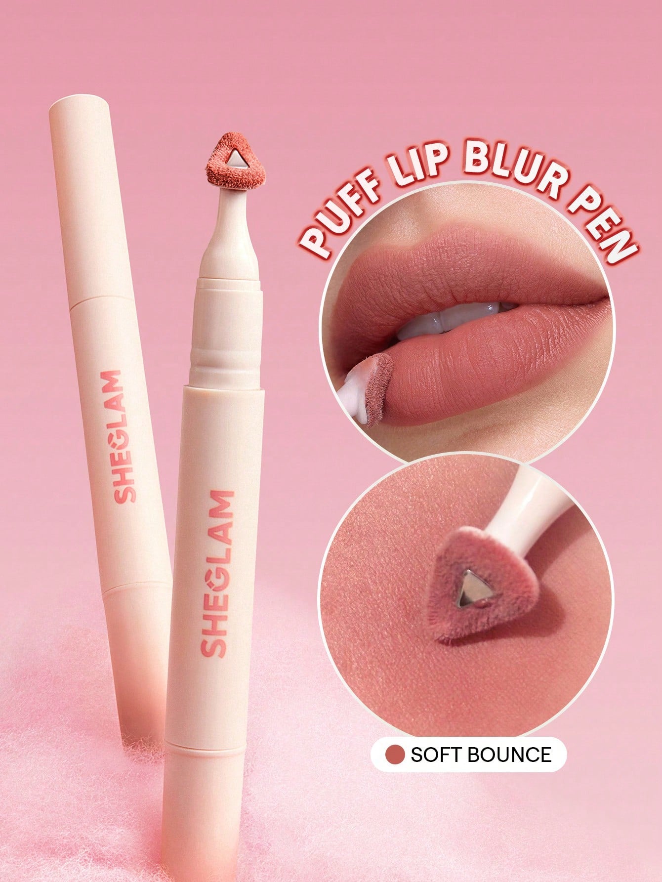 SHEGLAM puff lip blur pen on a pink background with close-up shots of the product.