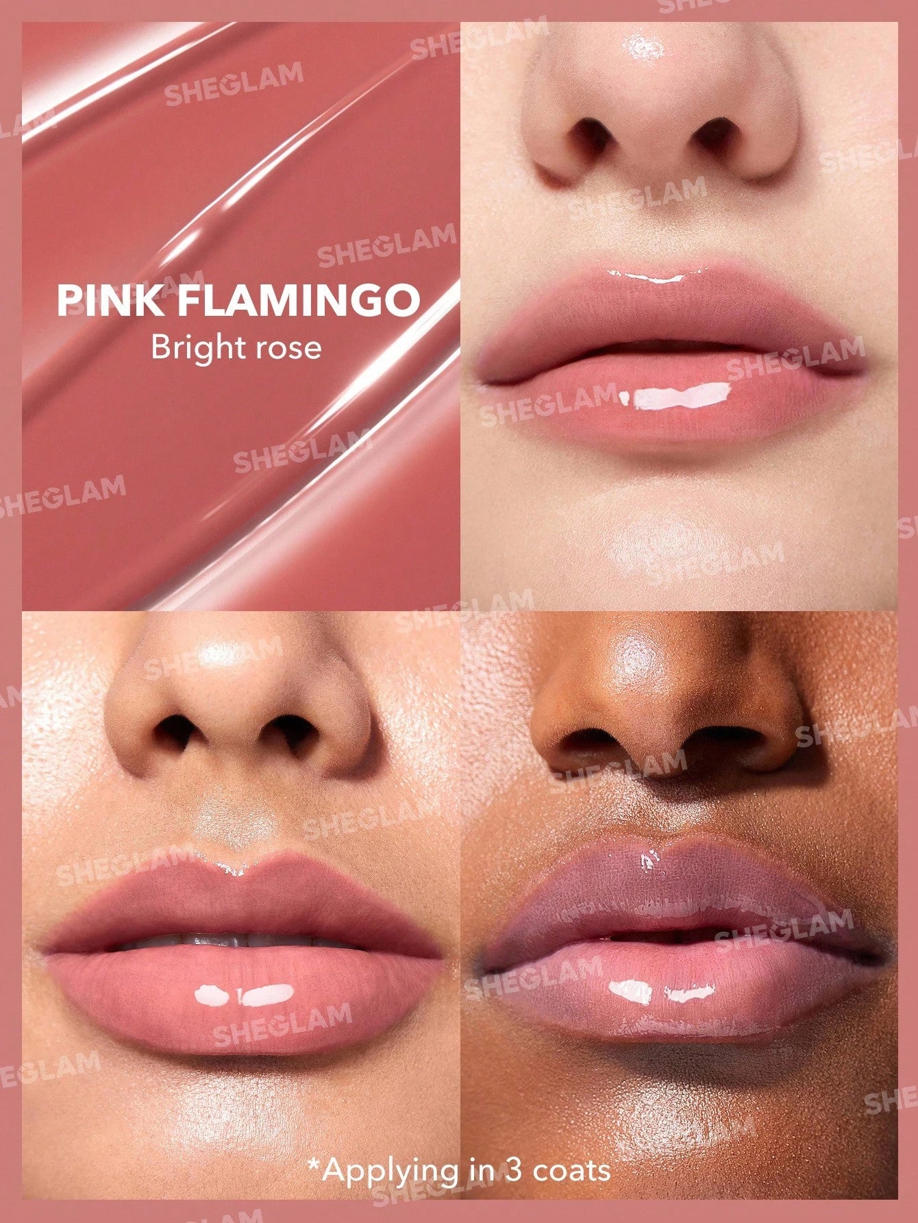 Lipstick shade 'Pink Flamingo' by SHEGLAM with close-up application on lips.