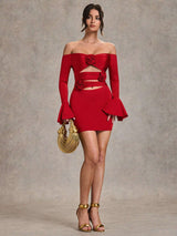 SHEIN BAE Solid Red Sexy, Elegant Cross-Tie 3D Floral Hollow Out Long Sleeve Mini Dress