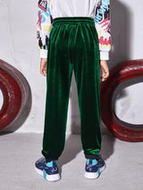 SHEIN Boys Letter Embroidery Pocket Front Velvet Sweatpants