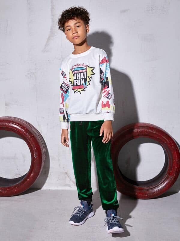 SHEIN Boys Letter Embroidery Pocket Front Velvet Sweatpants