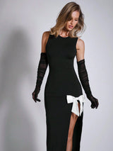 SHEIN COSMINA Women's Elegant Contrast Bow Decorated High Slit Dress