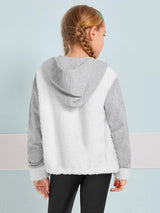 SHEIN Girls Contrast Teddy Panel Zipper Placket Hooded Jacket