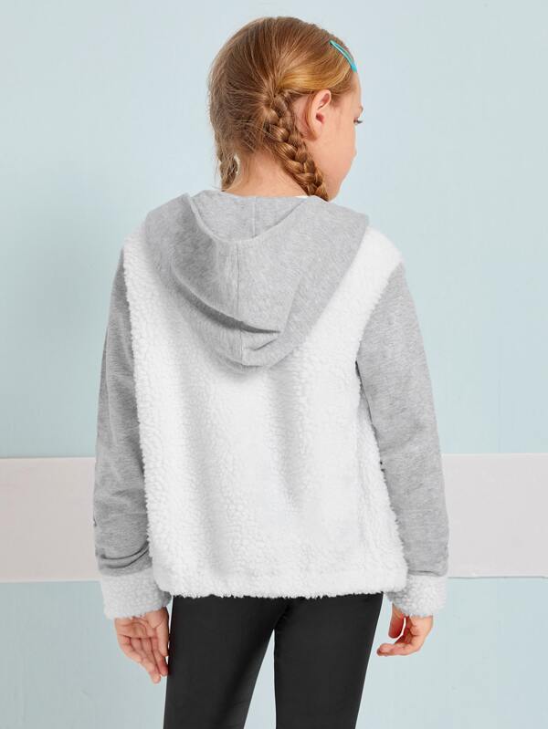 SHEIN Girls Contrast Teddy Panel Zipper Placket Hooded Jacket