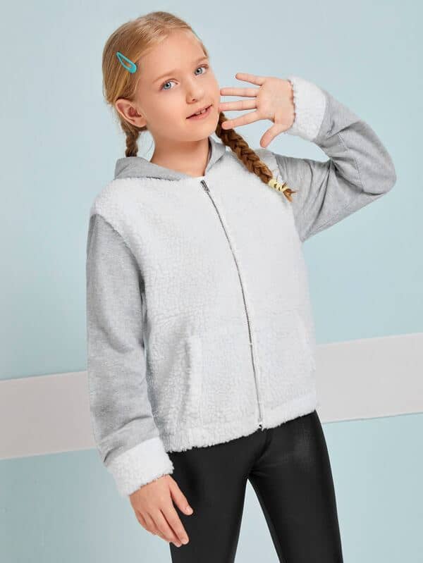 SHEIN Girls Contrast Teddy Panel Zipper Placket Hooded Jacket