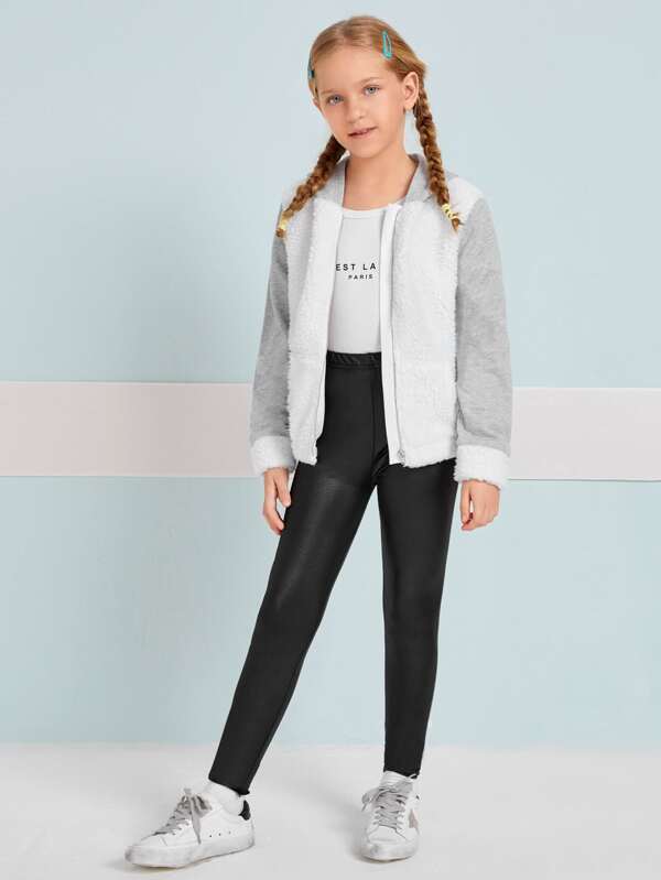 SHEIN Girls Contrast Teddy Panel Zipper Placket Hooded Jacket