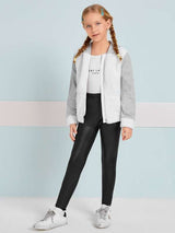 SHEIN Girls Contrast Teddy Panel Zipper Placket Hooded Jacket