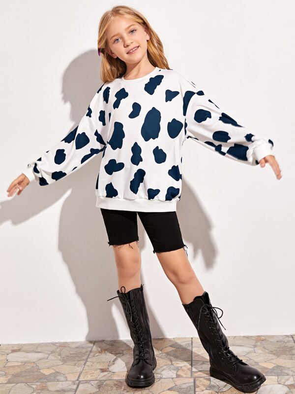 SHEIN Girls Drop Shoulder Cow Print Pullover