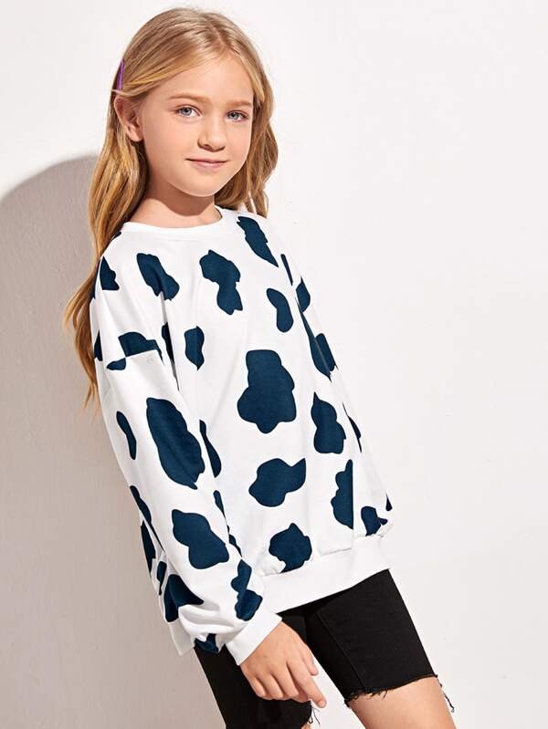SHEIN Girls Drop Shoulder Cow Print Pullover