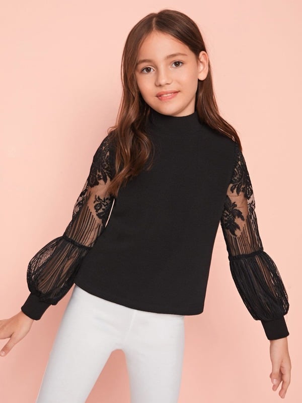 SHEIN Girls Lace Lantern Sleeve Zip Back Top
