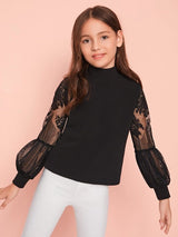 SHEIN Girls Lace Lantern Sleeve Zip Back Top