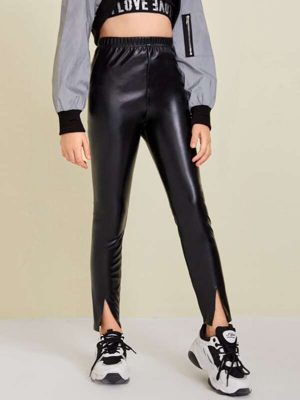 SHEIN Girls Split Hem PU Leather Pants
