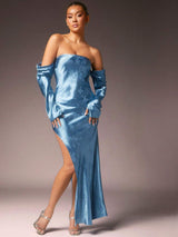 SHEIN L'Amorae Women Clothes, Women's Elegant Blue Satin Floral Jacquard Off Shoulder