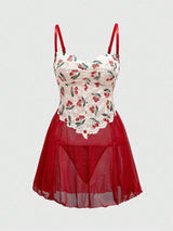 SHEIN ROMWE Kawaii Sexy Lace Cherry Romantic Slit Dress Set