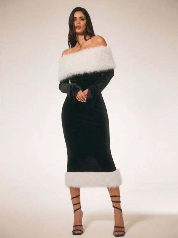 SHEIN SURIMA Women’s Furry Patchwork Long Sleeve Off-Shoulder Casual Midi Dress