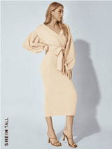 SHEIN Tall Surplice Neck Drop Shoulder Belted Bodycon Dress