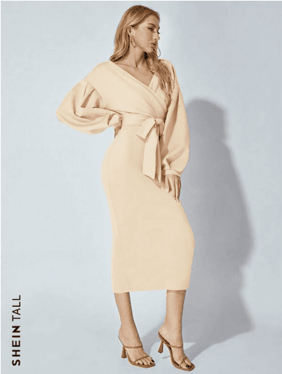 SHEIN Tall Surplice Neck Drop Shoulder Belted Bodycon Dress
