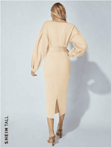 SHEIN Tall Surplice Neck Drop Shoulder Belted Bodycon Dress