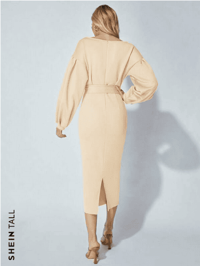 SHEIN Tall Surplice Neck Drop Shoulder Belted Bodycon Dress