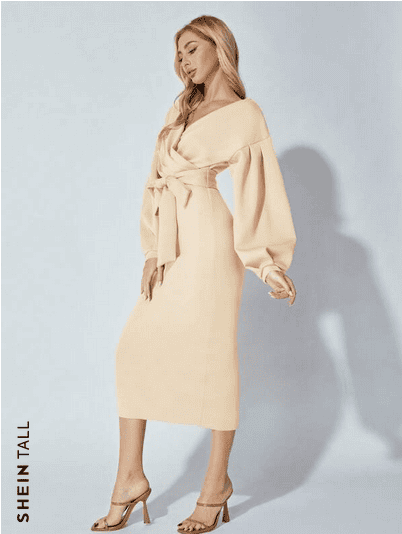 SHEIN Tall Surplice Neck Drop Shoulder Belted Bodycon Dress
