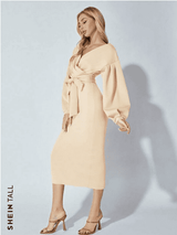 SHEIN Tall Surplice Neck Drop Shoulder Belted Bodycon Dress