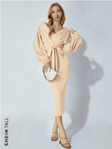 SHEIN Tall Surplice Neck Drop Shoulder Belted Bodycon Dress