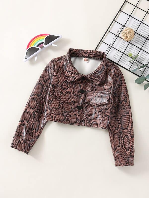 SHEIN Toddler Girls Snake Skin Print Flap Pocket PU Leather Jacket