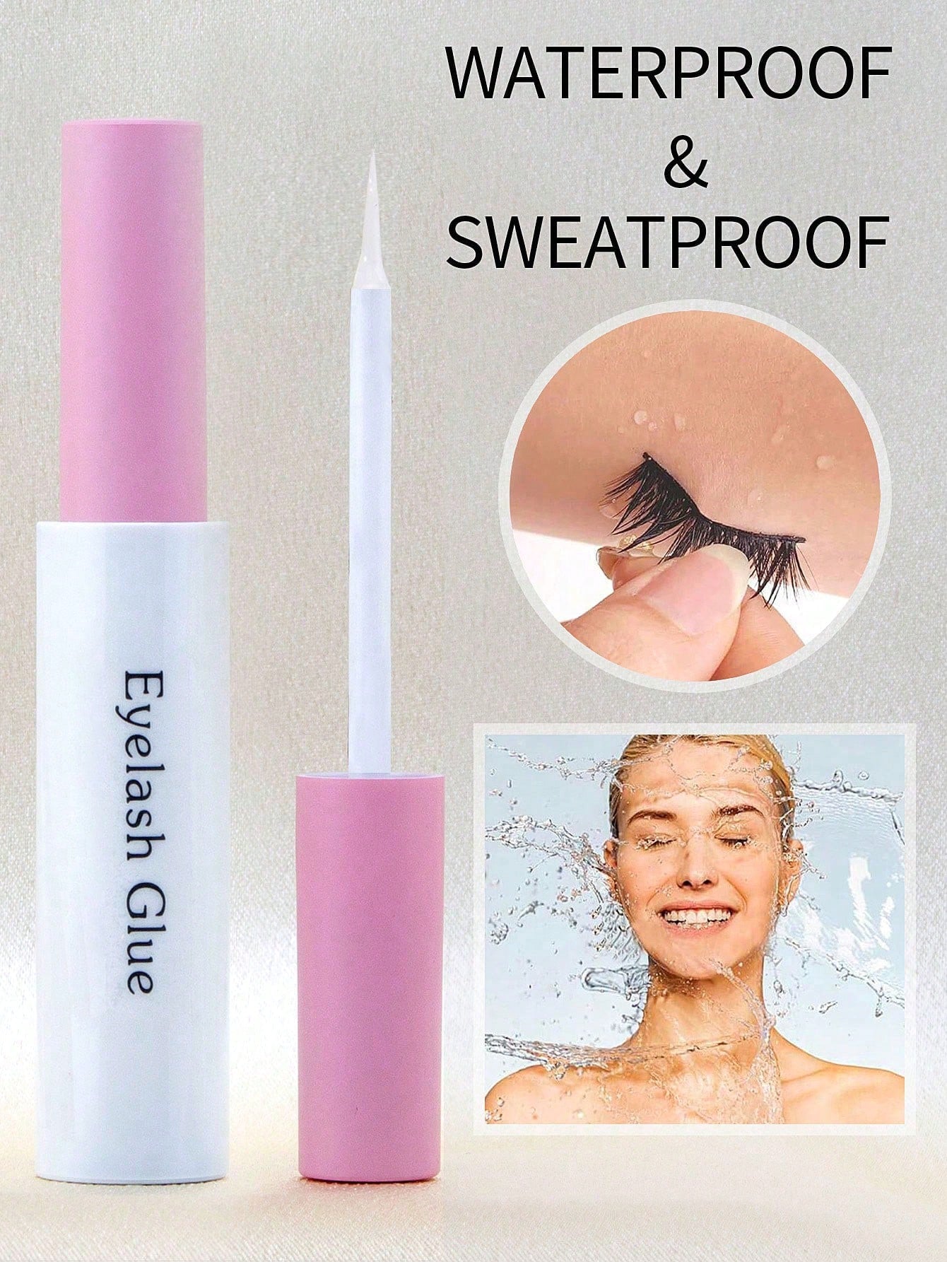 Eyelash glue with pink cap and white body, shown with waterproof and sweatproof claims.