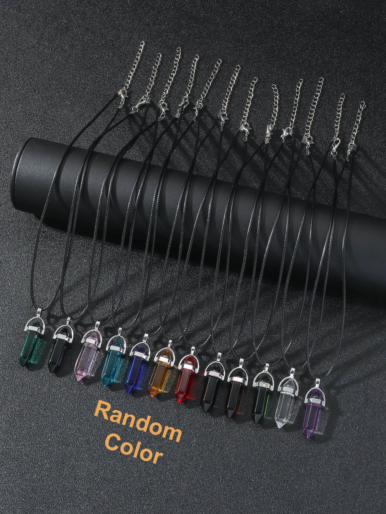 Set of crystal pendant necklaces on a black background with 'Random Color' text.
