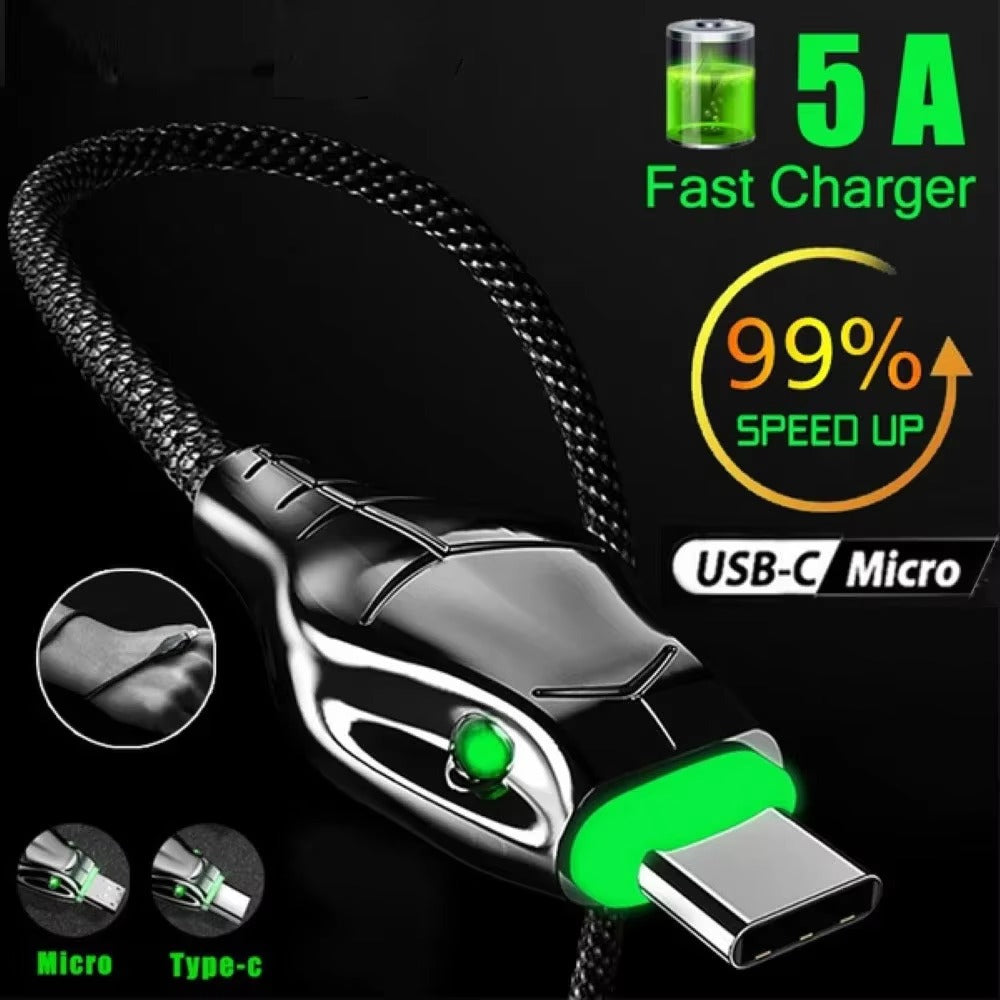 A black and silver USB-C fast charger cable with a green indicator light, shown on a black background with promotional text highlighting 5A fast charging, 99% speed up, USB-C, and Micro/Type-C compatibility.