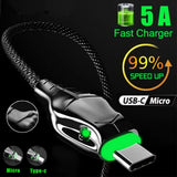 A black and silver USB-C fast charger cable with a green indicator light, shown on a black background with promotional text highlighting 5A fast charging, 99% speed up, USB-C, and Micro/Type-C compatibility.