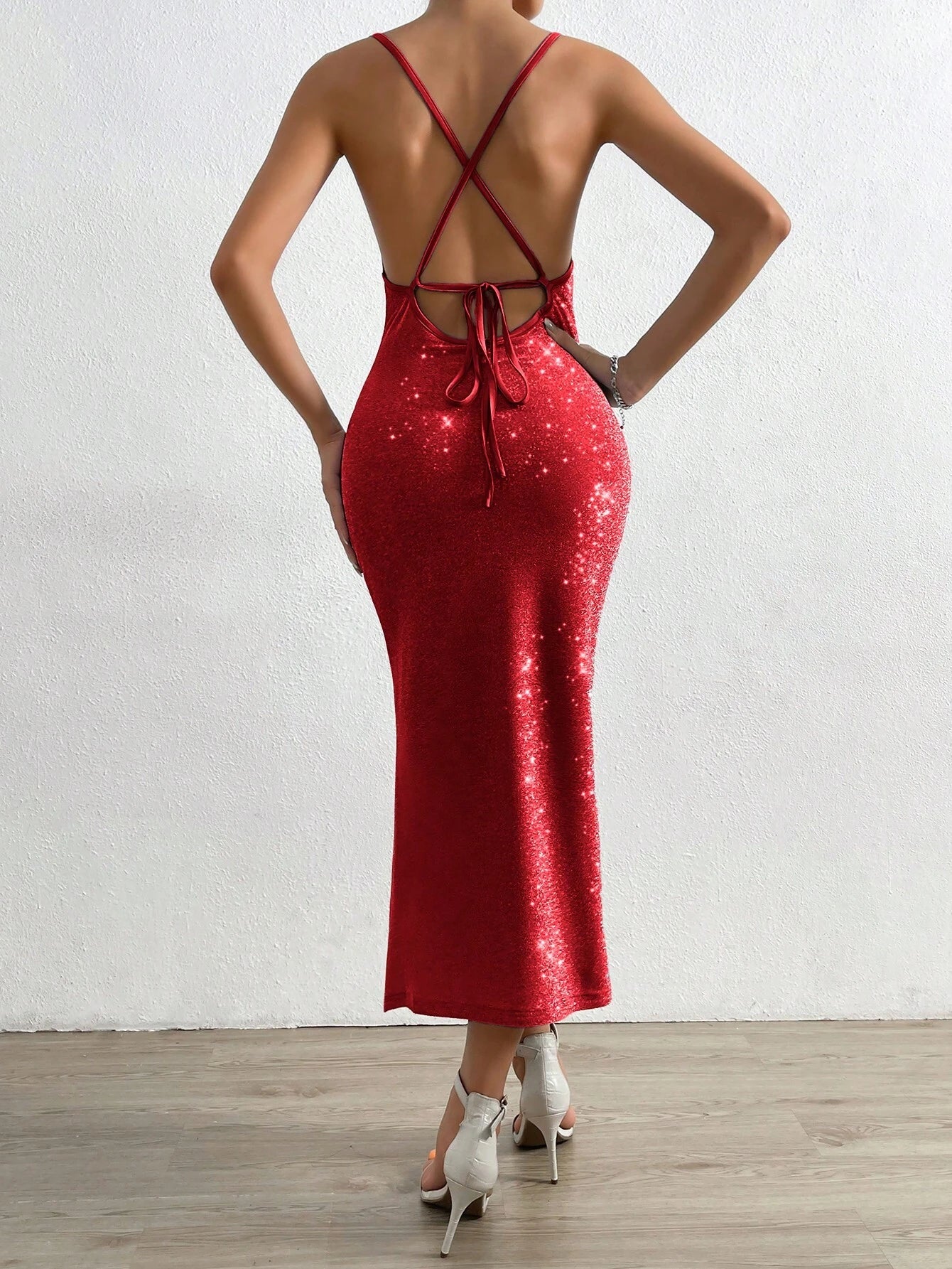 SHEIN BAE Draped Collar Split Thigh Lace Up Backless Cami Dress