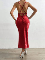 SHEIN BAE Draped Collar Split Thigh Lace Up Backless Cami Dress