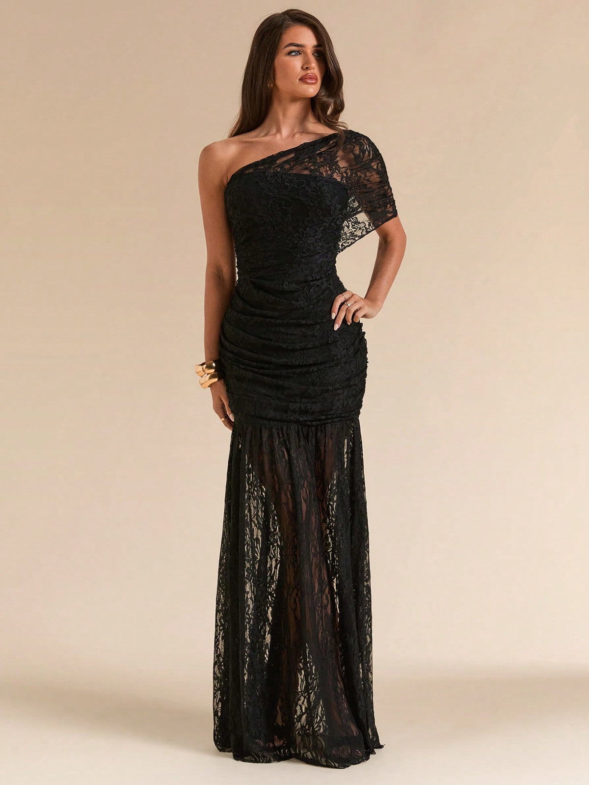 SHEIN BAE Spring/Summer Solid Black Lace Asymmetric One-Shoulder Elegant Fitted Bodycon Maxi Mermaid Dress