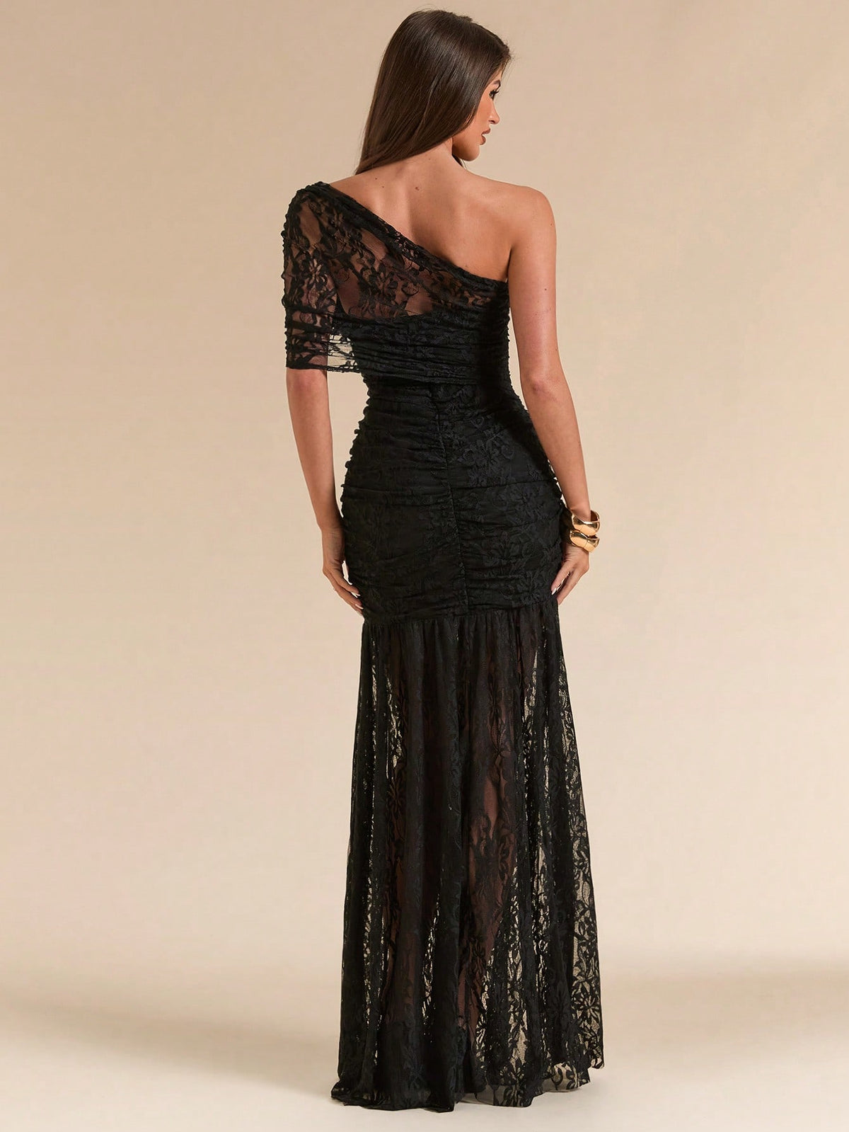 SHEIN BAE Spring/Summer Solid Black Lace Asymmetric One-Shoulder Elegant Fitted Bodycon Maxi Mermaid Dress