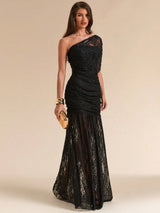 SHEIN BAE Spring/Summer Solid Black Lace Asymmetric One-Shoulder Elegant Fitted Bodycon Maxi Mermaid Dress