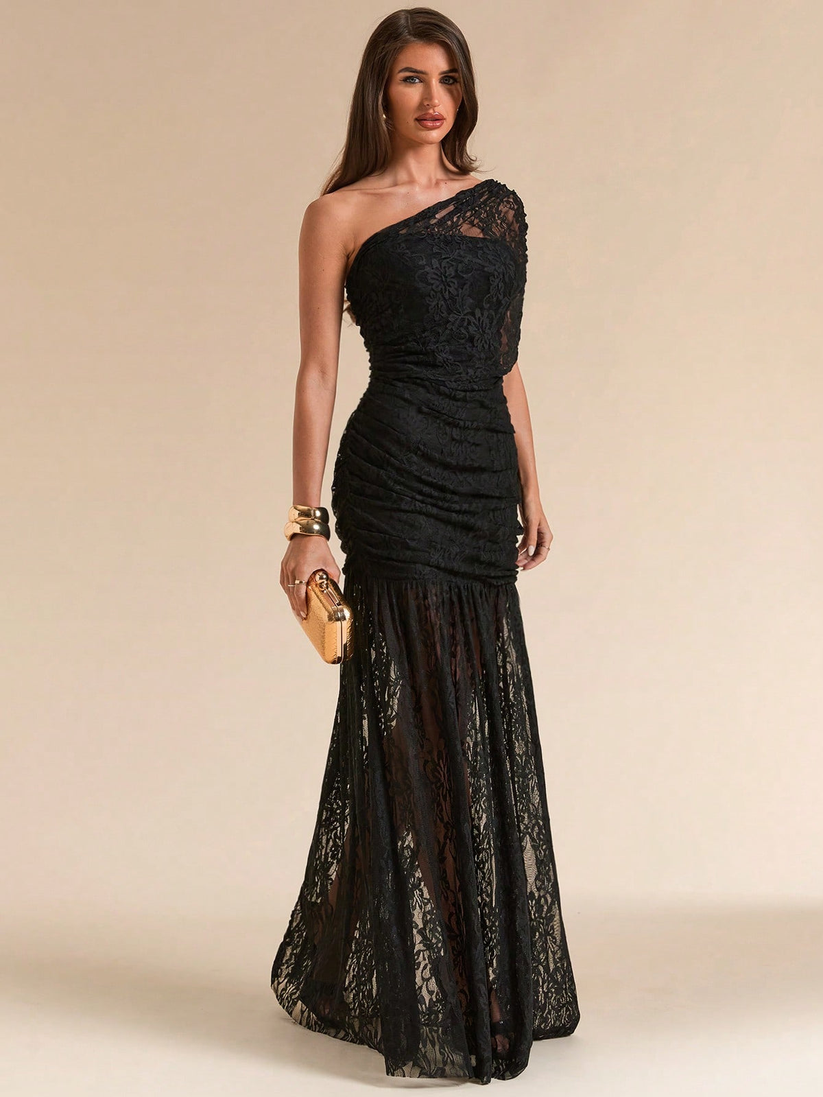 SHEIN BAE Spring/Summer Solid Black Lace Asymmetric One-Shoulder Elegant Fitted Bodycon Maxi Mermaid Dress