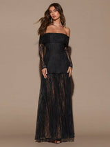 SHEIN BAE Women's Black Lace Off Shoulder Long Sleeve Dress